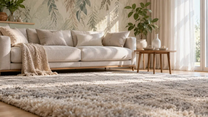 Wizualizacja – salon z modną tapetą w malarski motyw liści w odcieniach szałwii i mchu za kremową sofą