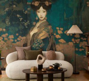 Fototapeta z orientalnym portretem kobiety w eleganckim salonie – produkt dostępny w ofercie Dywany Witek.